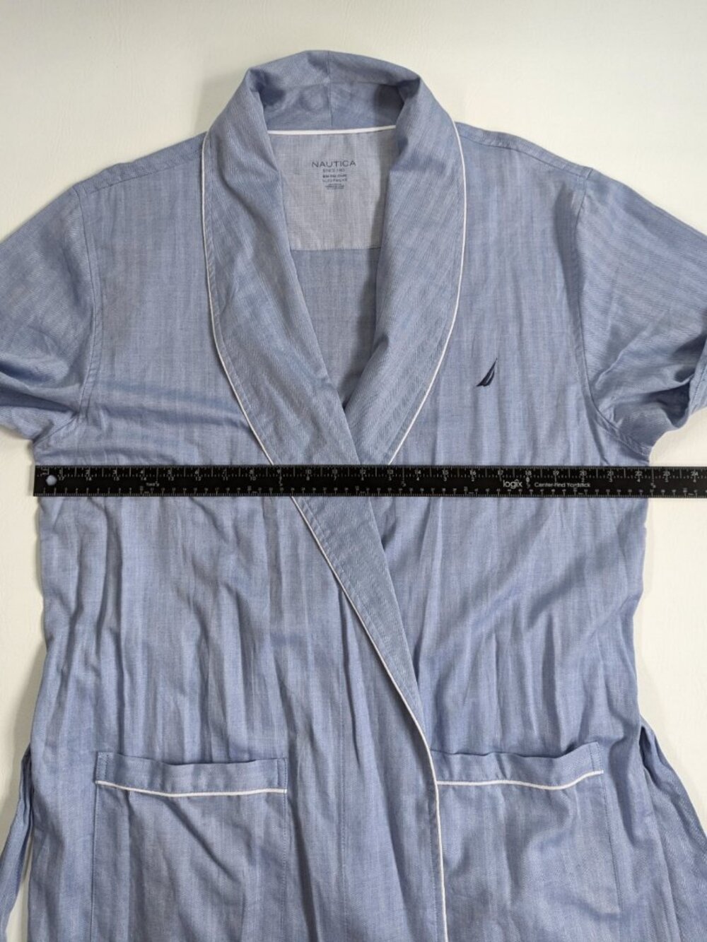 Nautica Men's Bath Robe 100% Cotton Blue Chambray Sz S/M - Picture 6 of 13